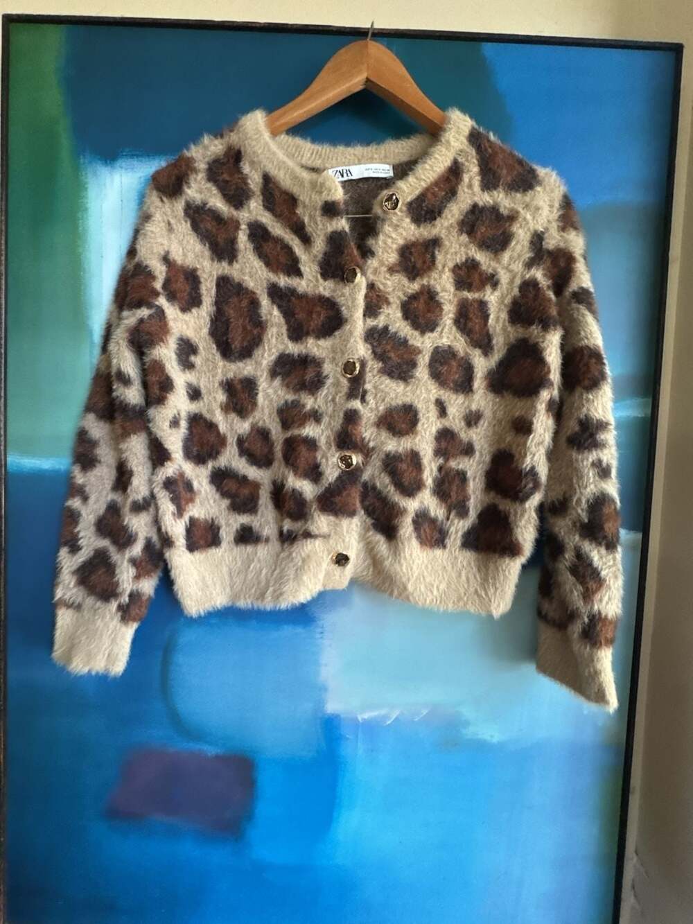 Zara Animal Jacquard Knit Fuzzy Leopard Print Button-Front Cardigan